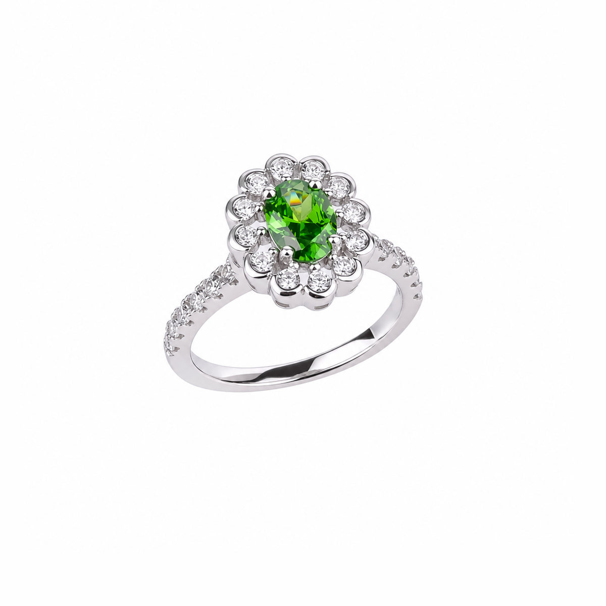 Sterling Silver Pave Halo Oval Floral Ring
