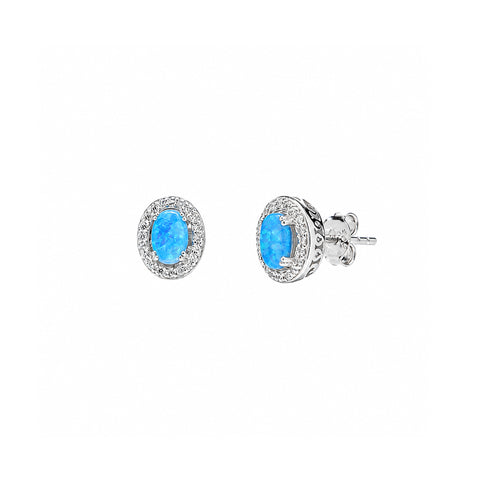 Sterling Silver Oval Blue Opal Halo Stud Earrings