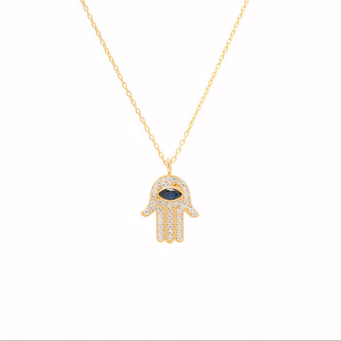 Sterling Silver Large Hamsa Hand Necklace Blue Eye