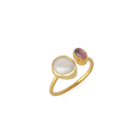 Double Natural Red Gemstone Adjustable Sterling Silver Ring