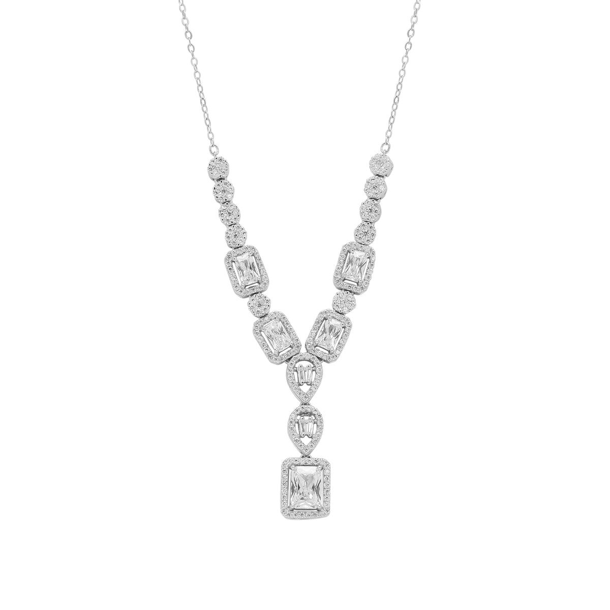 Elegant Y Sterling Silver Necklace with Emerald-Cut & Teardrop Gemstones
