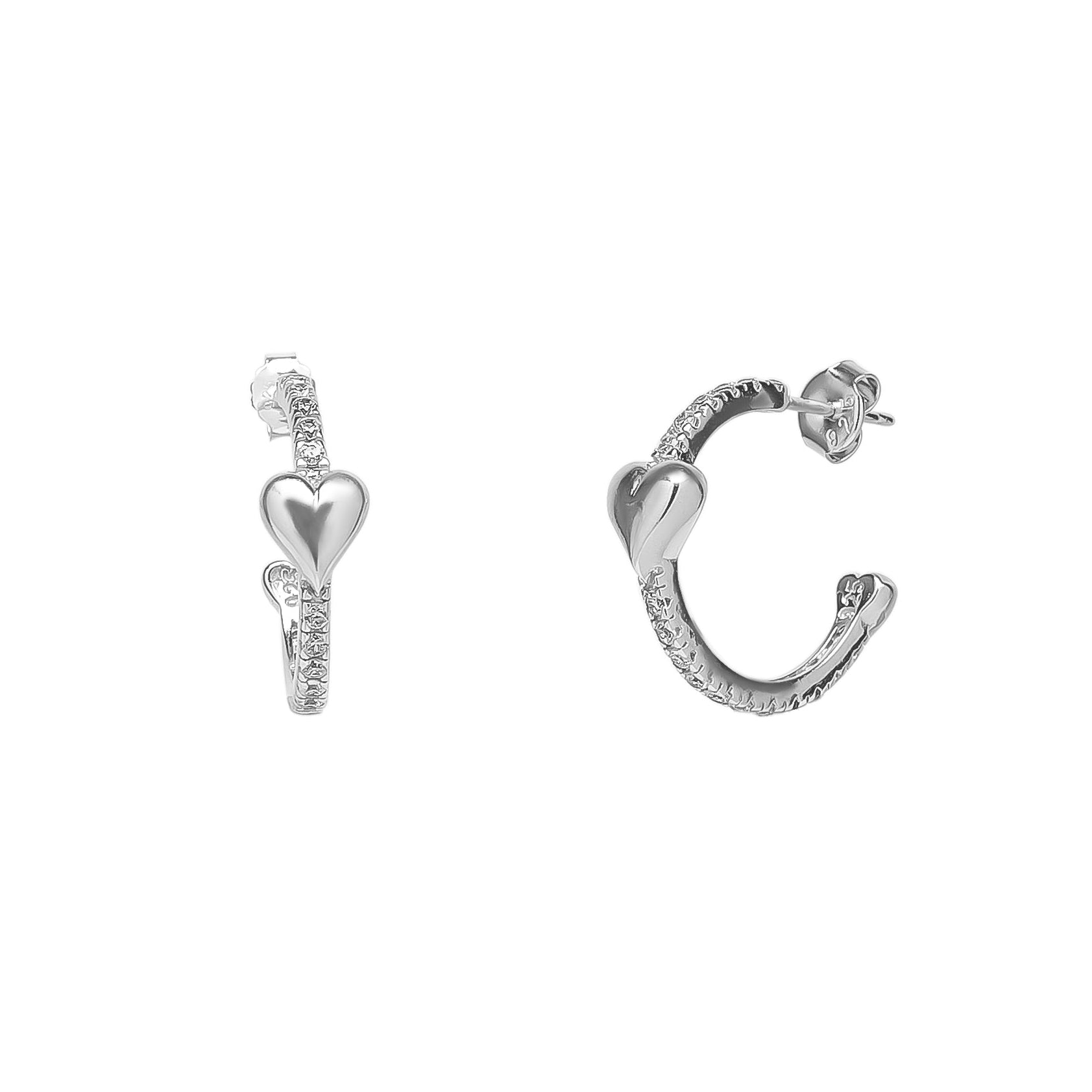 Hoop Heart Pave Sterling Silver Earrings