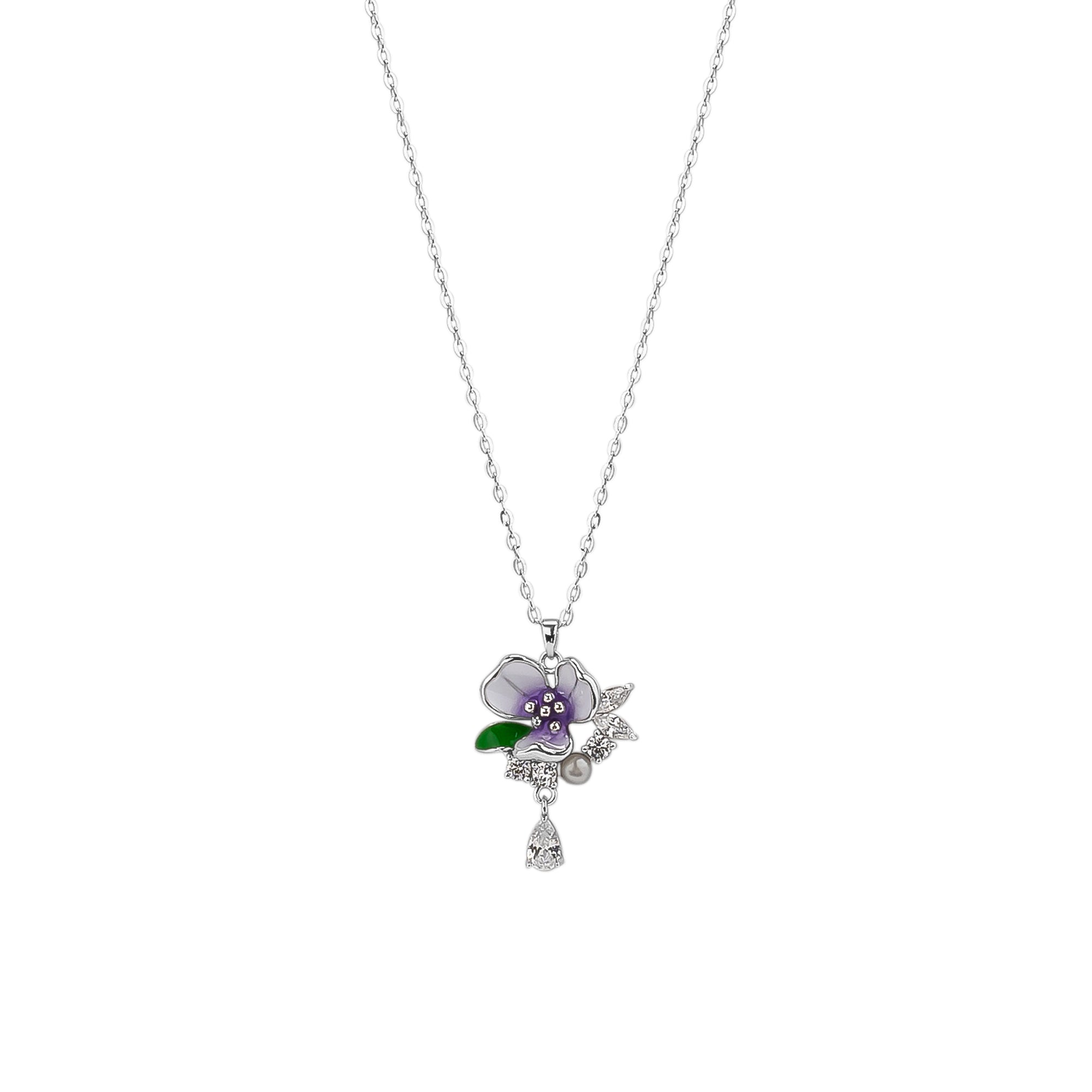 Pansy Violet Floral Necklace in Sterling Silver