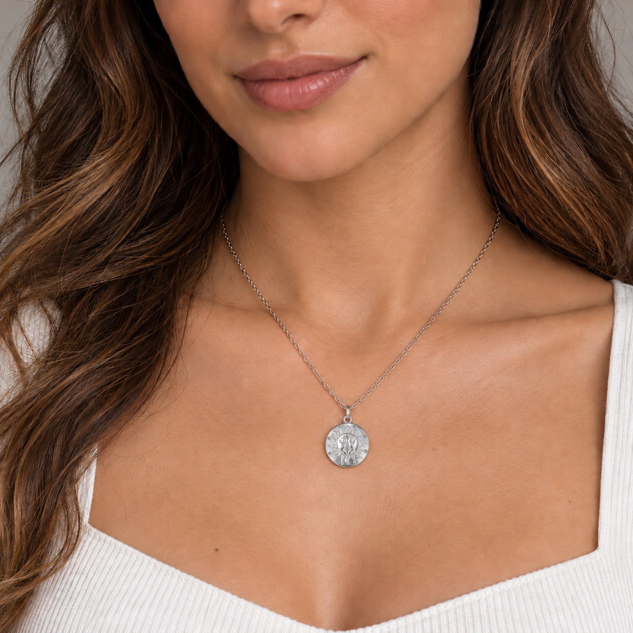 Sun Silhouette Face Embossed Sterling Silver Medal Necklace