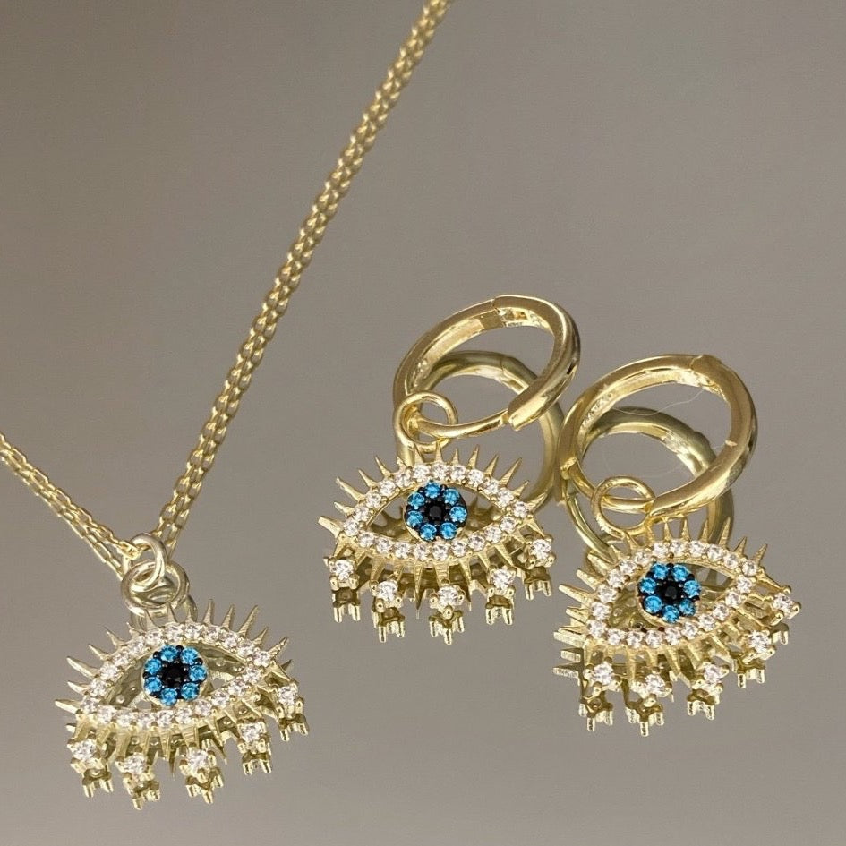 Evil Eye Earring Blue Eye Sterling Silver Pendant Eyelash Necklace and Earring Set