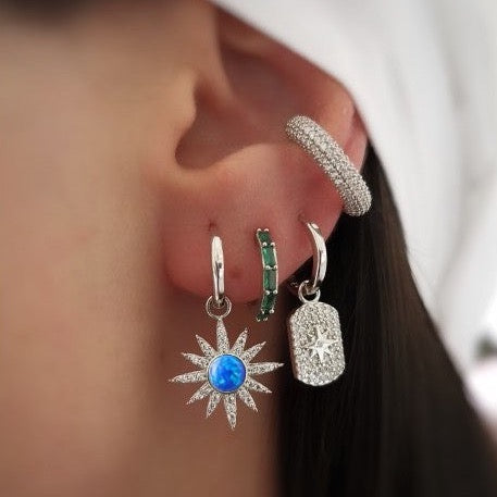 Blue Opal Sun Drop Hoop Earrings Sterling Silver