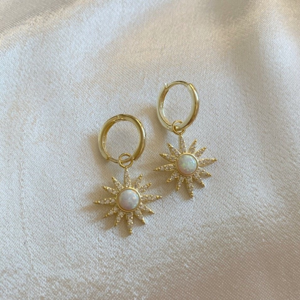 White Opal Sun Drop Hoop Earrings Sterling Silver