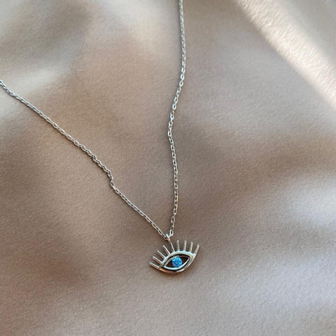 Aqua Blue Eye Evil Eye Sterling Silver Necklace