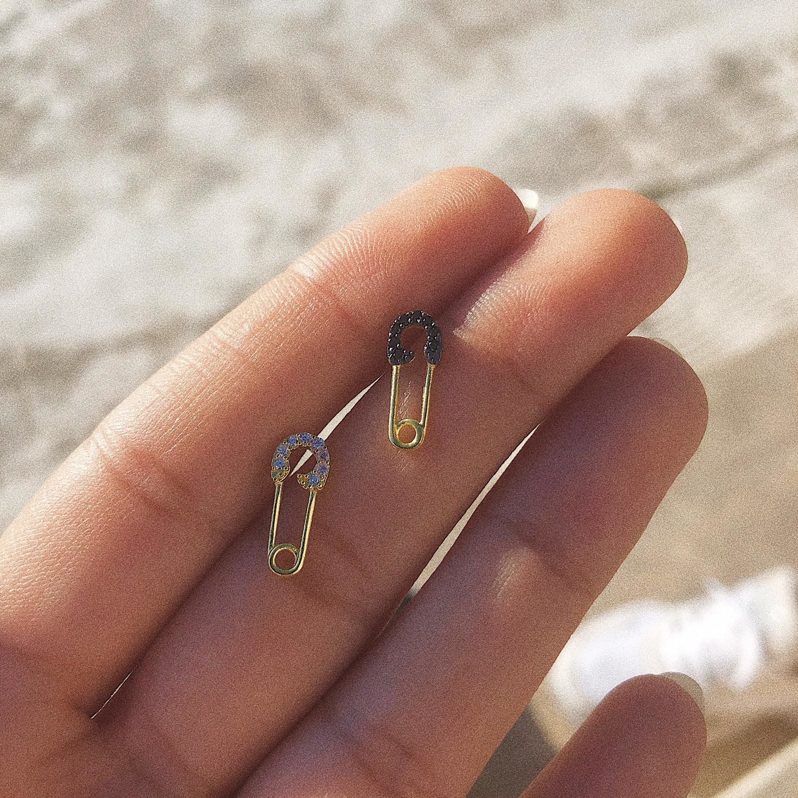 Sterling Silver Black Jewelled Mini Safety Pin Stud Earrings