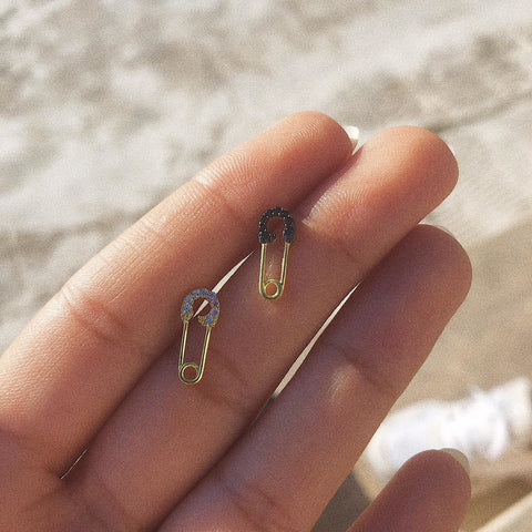 Sterling Silver Black Jewelled Mini Safety Pin Stud Earrings