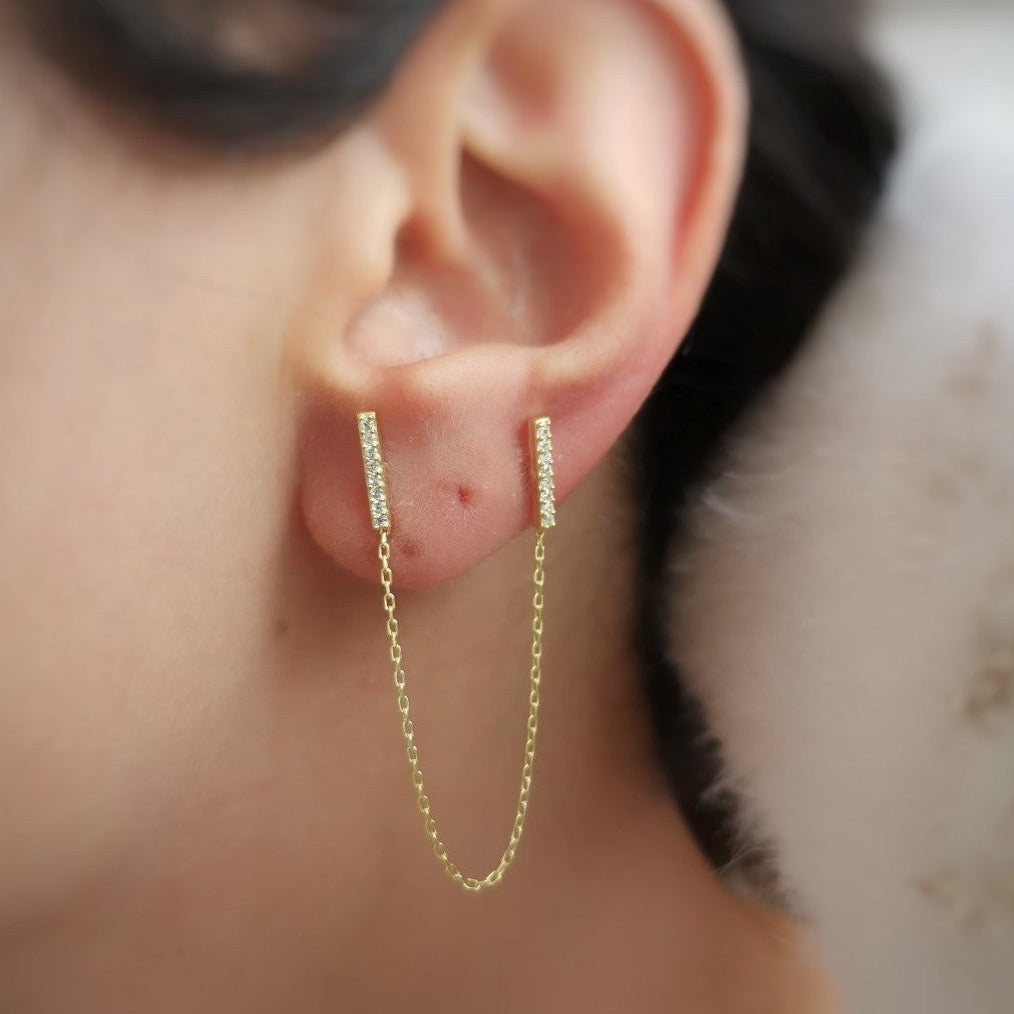 Chained Bar Chain and Bar Earring Set in Sterling Silver - Pair