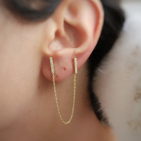 Chained Bar Chain and Bar Earring Set in Sterling Silver - Pair