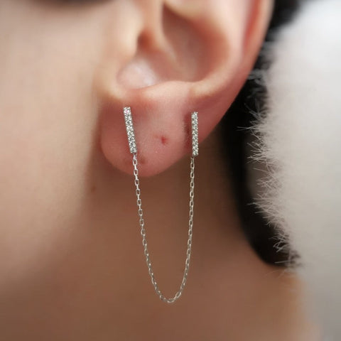 Chained Bar Chain and Bar Earring Set in Sterling Silver - Pair