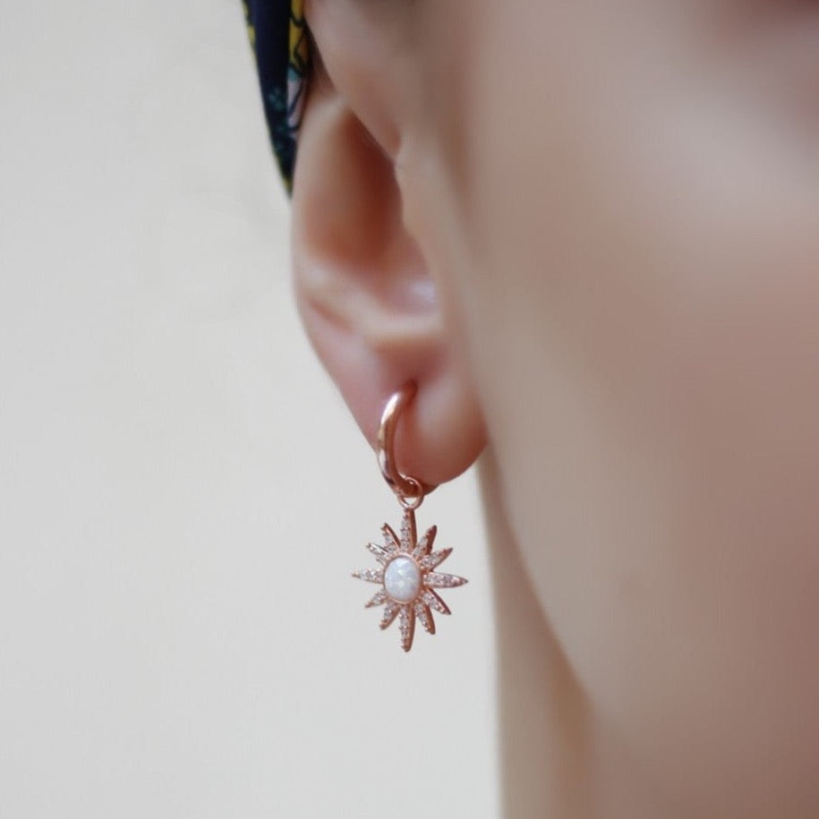 White Opal Sun Drop Hoop Earrings Sterling Silver
