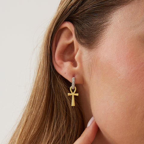 Sterling Silver Egyptian Ankh Zirconia Hoop Earrings
