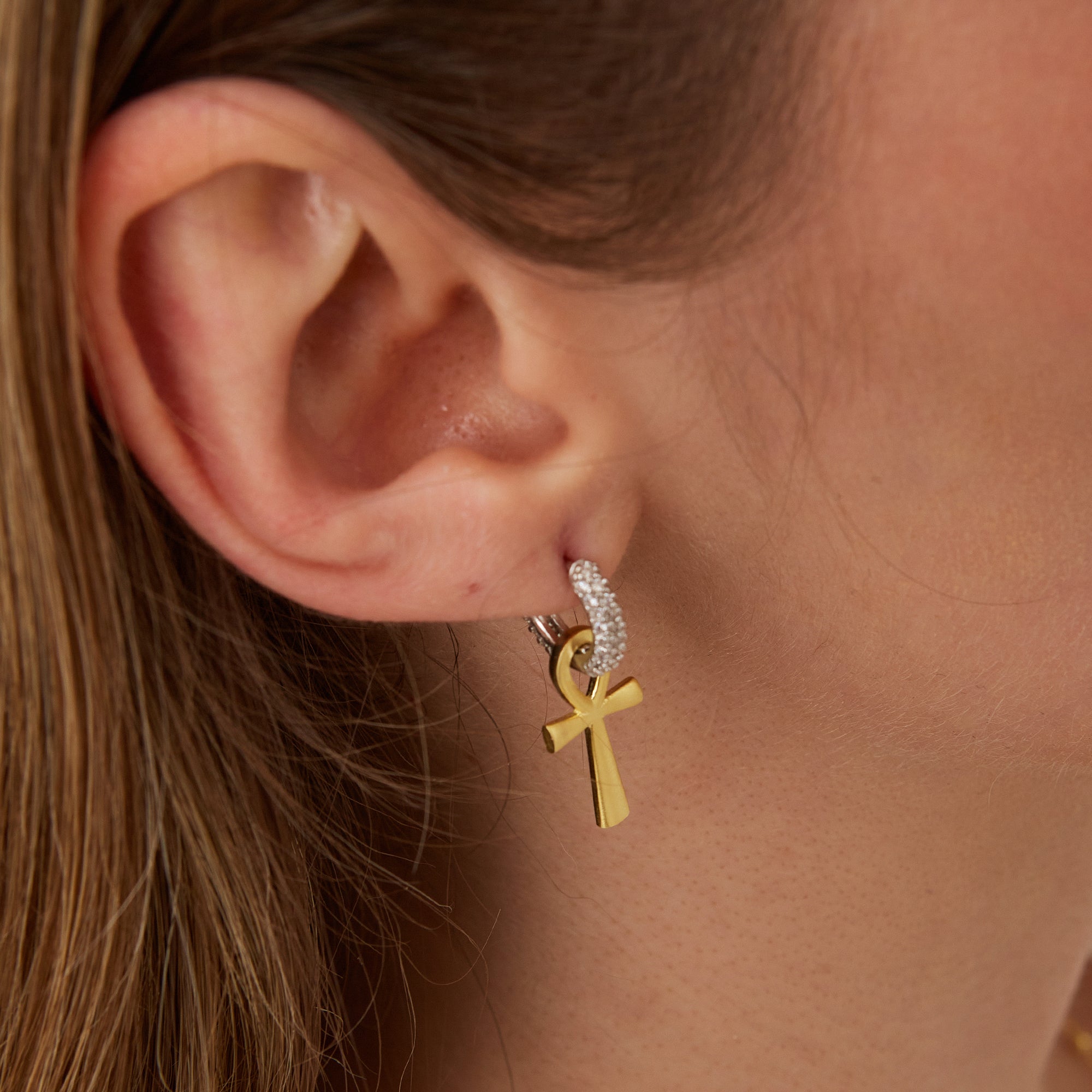 Sterling Silver Egyptian Ankh Zirconia Hoop Earrings
