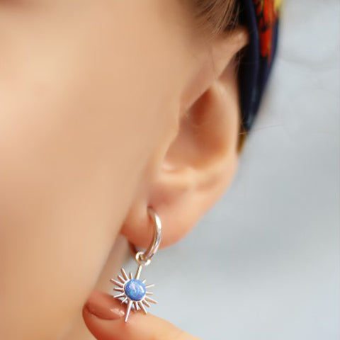 Blue Opal Northern Star Drop Hoop Earrings Sterling Silver