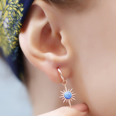 Blue Opal Northern Star Drop Hoop Earrings Sterling Silver