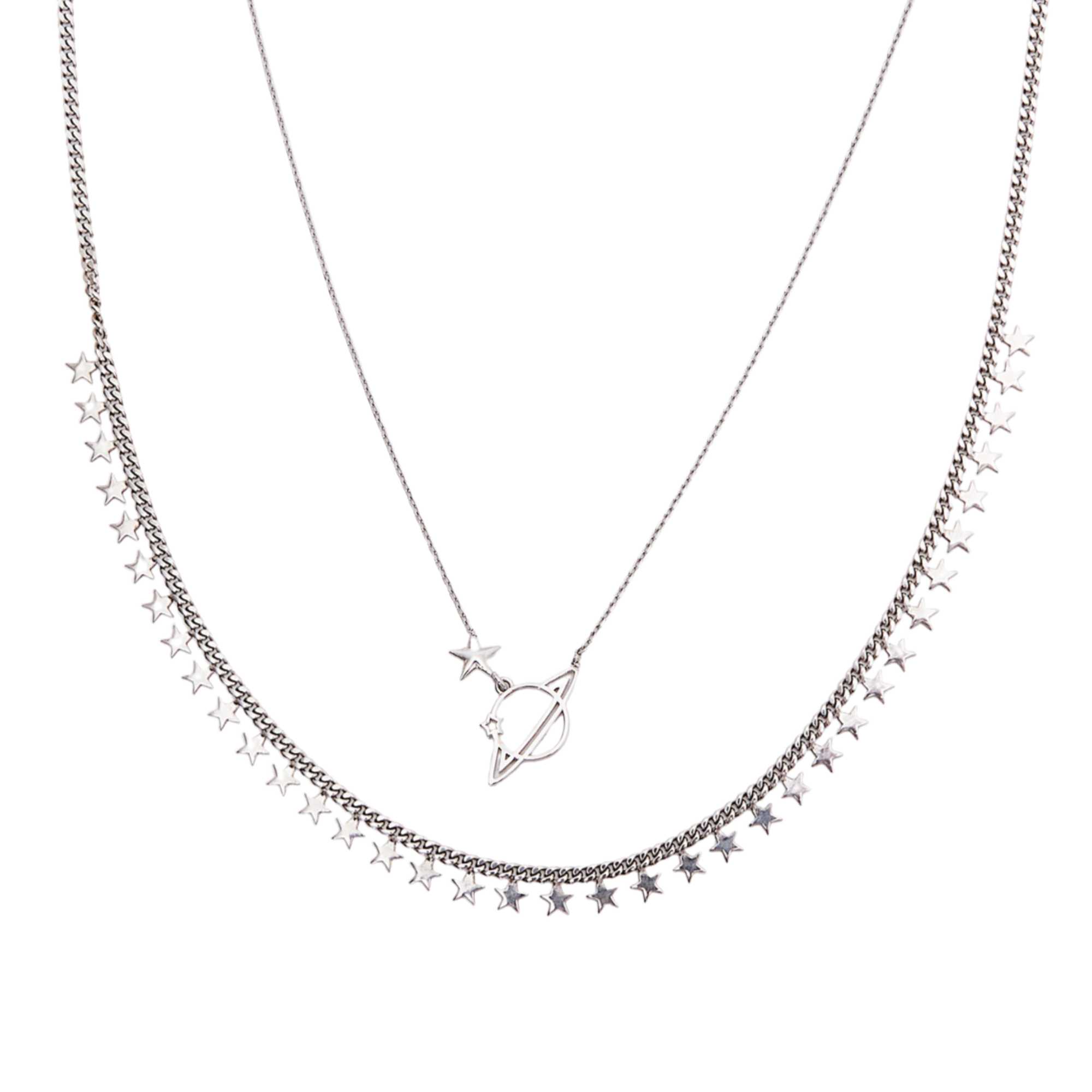 Multiple Star Sterling Silver Station and Saturn Necklace Set