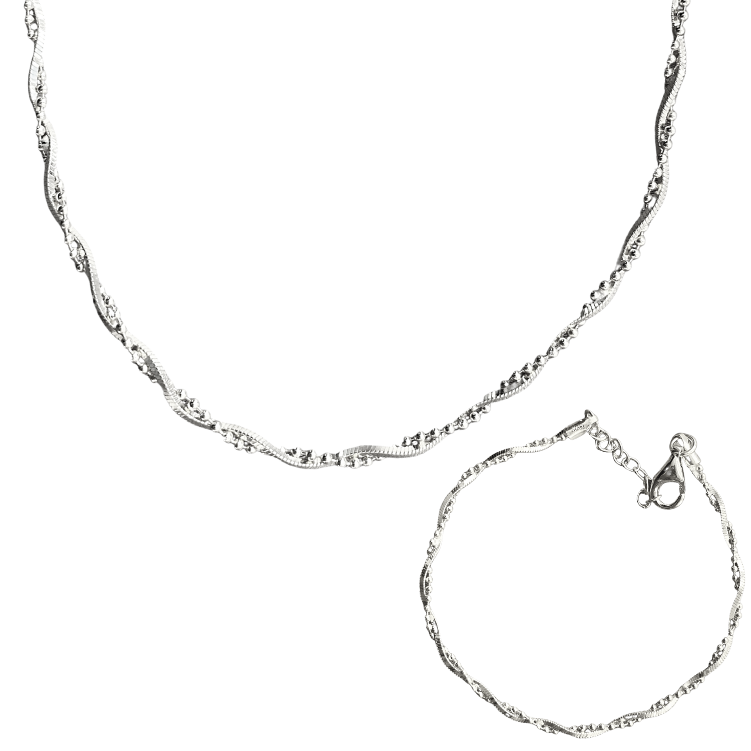 Twisted Beads Sterling Silver Chain Necklace and Bracelet Set - Spero London