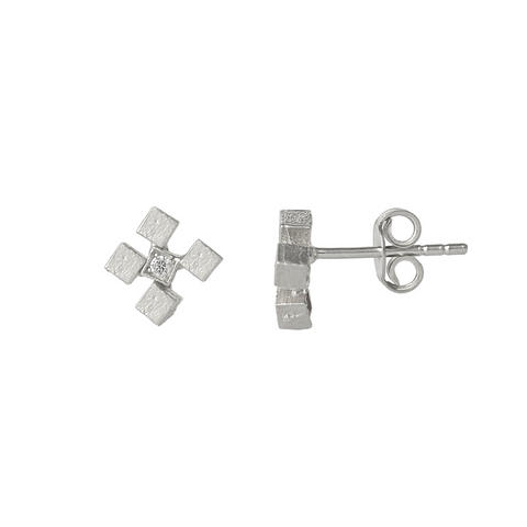 Four Cube Blocks Natural Textured Sterling Silver Authentic Stud Earrings
