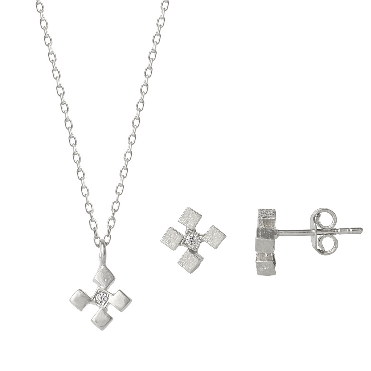 Four Cube Blocks Natural Textured Sterling Silver Authentic Earring and Pendant Necklace Set