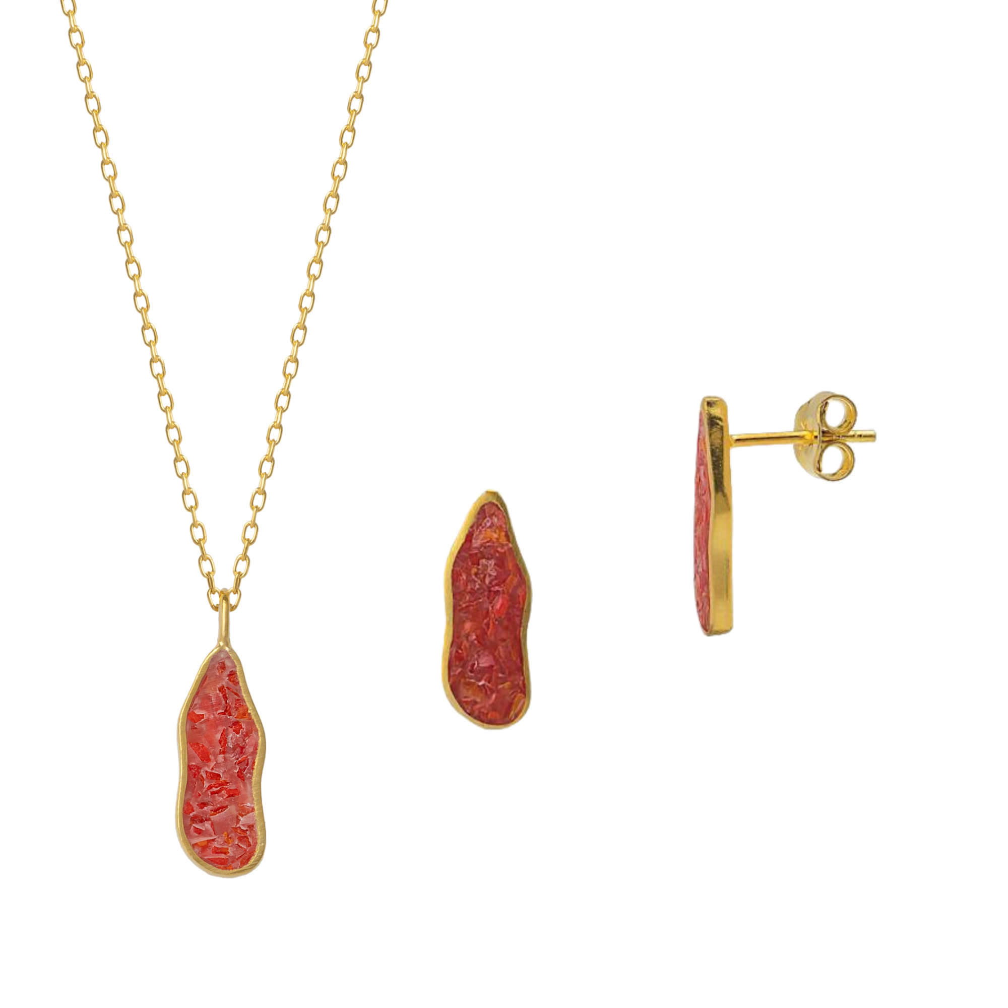 Molten Coral and Amber Sterling Silver Gold Plated Earring and Necklace Set