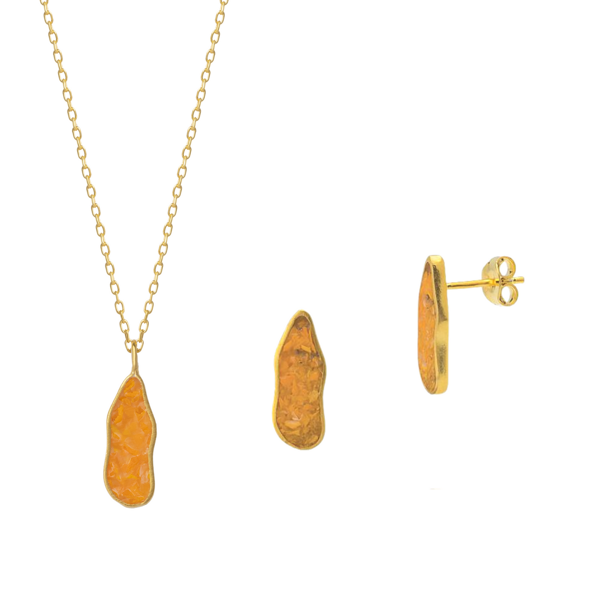 Molten Coral and Amber Sterling Silver Gold Plated Earring and Necklace Set