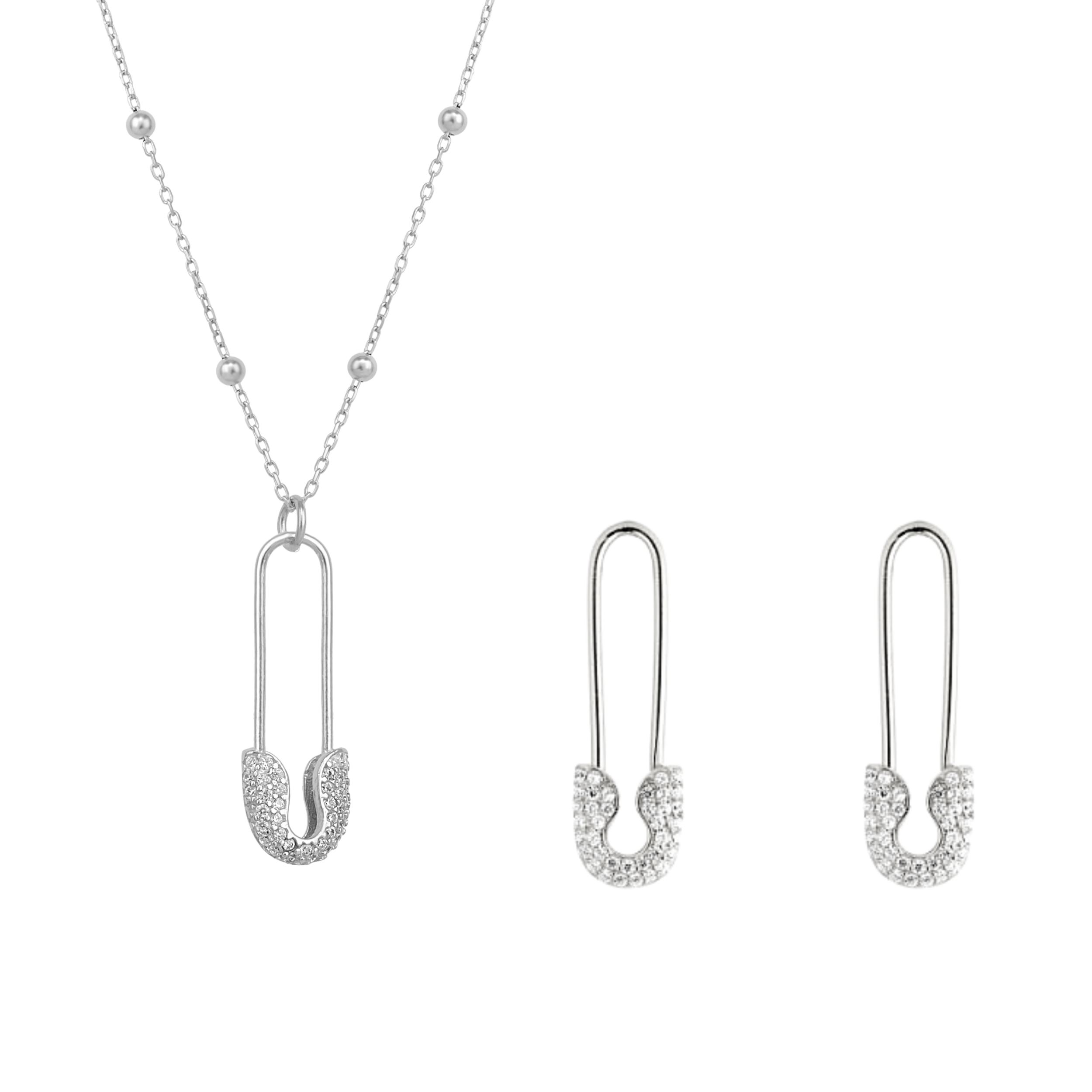 Sterling Silver Jewelled Safety Pin Necklace With Beaded Chain and Earring Set