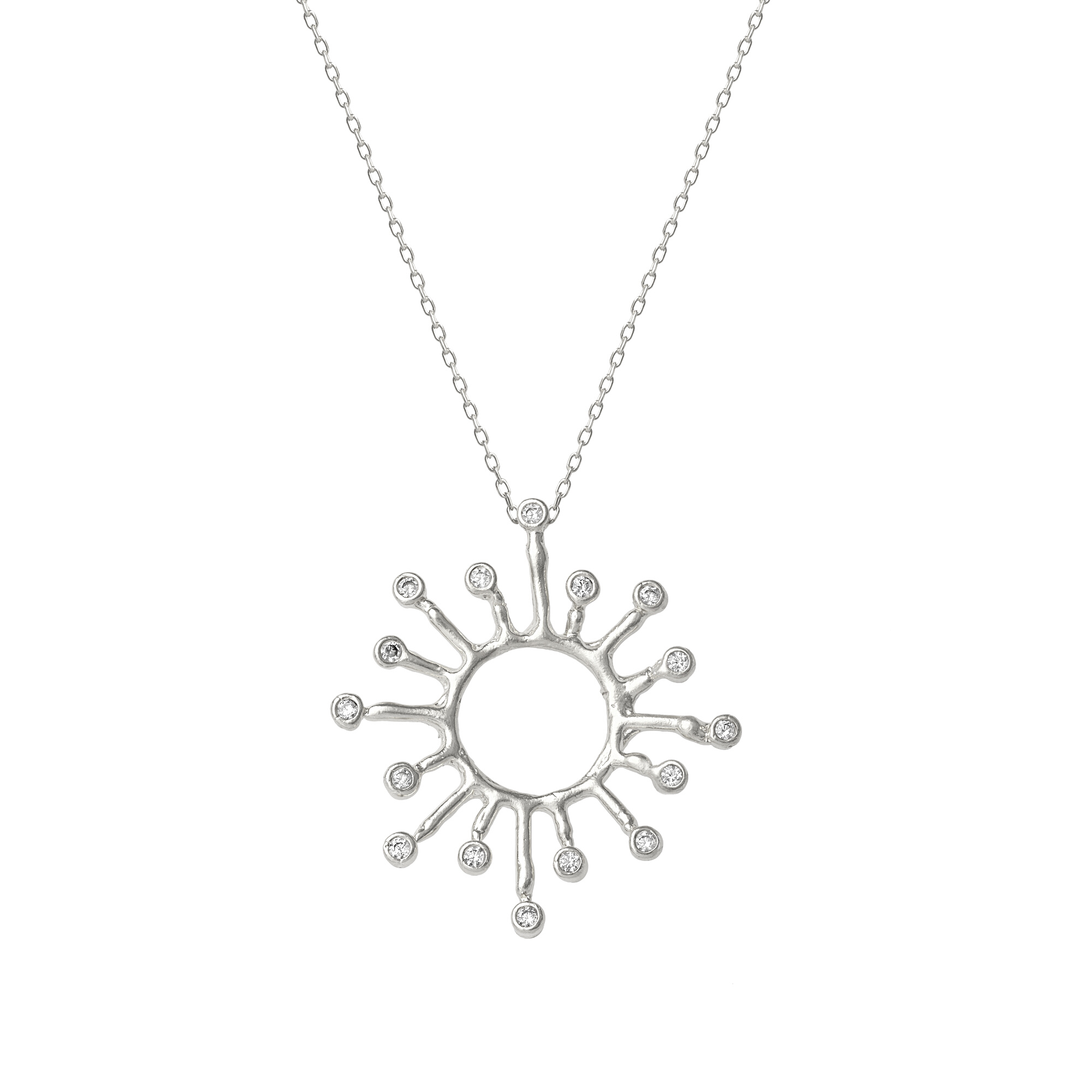 Sun Sunburst Large Textured Molten Sterling Silver Pendant Necklace