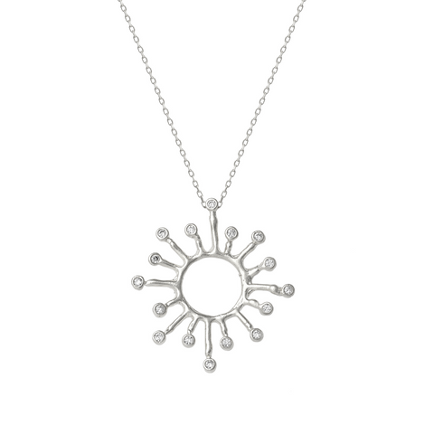Sun Sunburst Large Textured Molten Sterling Silver Pendant Necklace