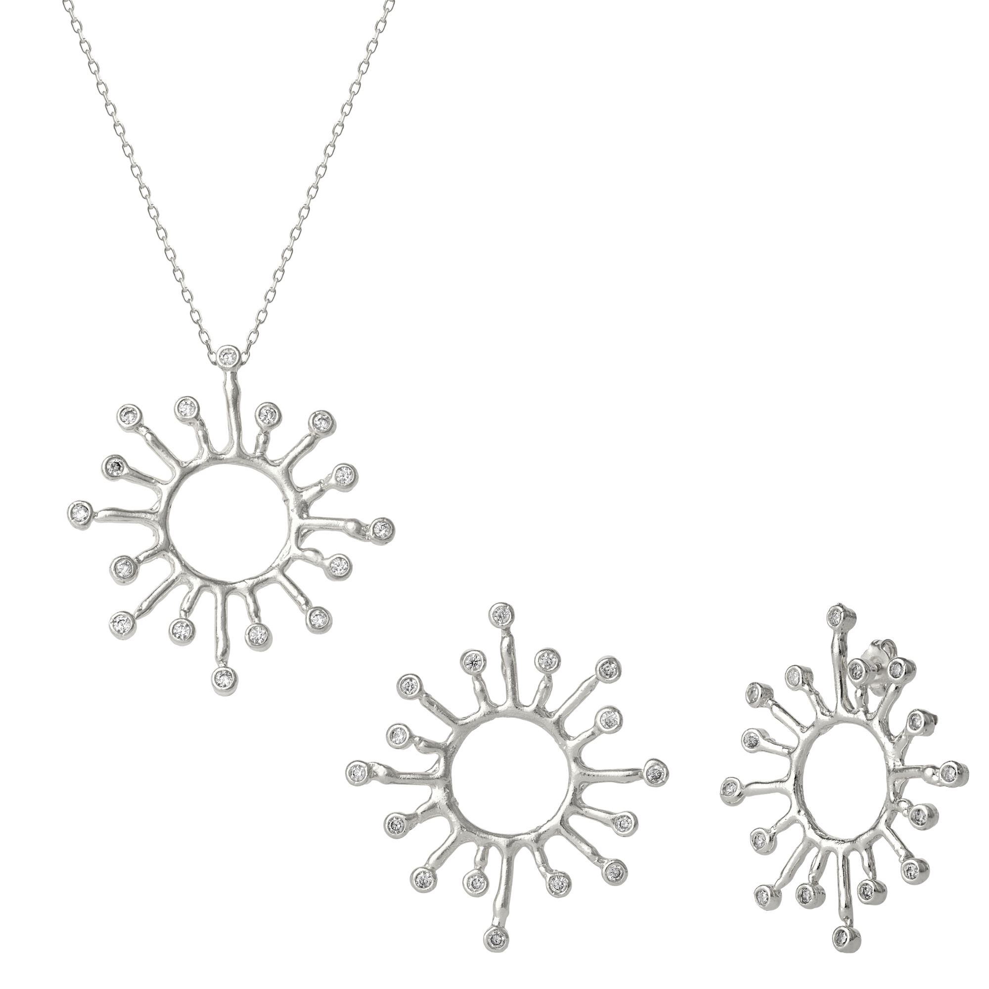 Sun Sunburst Large Textured Molten Sterling Silver Earring and Necklace Set