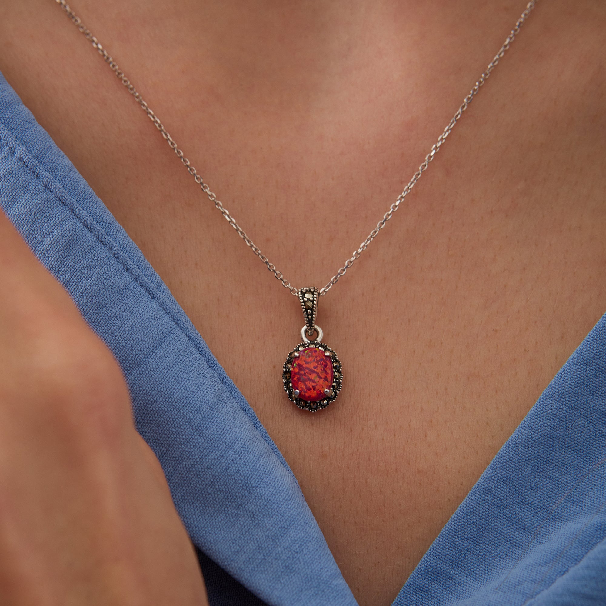 Oval Red Opal High Quality Sterling Silver Pendant Necklace