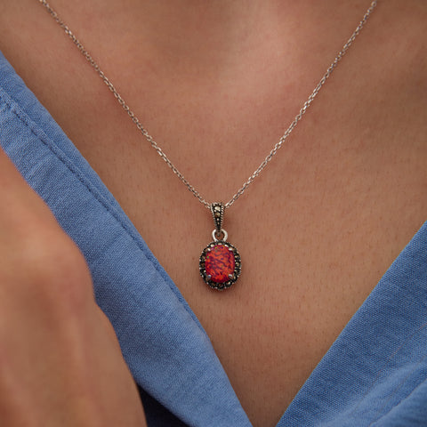 Oval Red Opal High Quality Sterling Silver Pendant Necklace