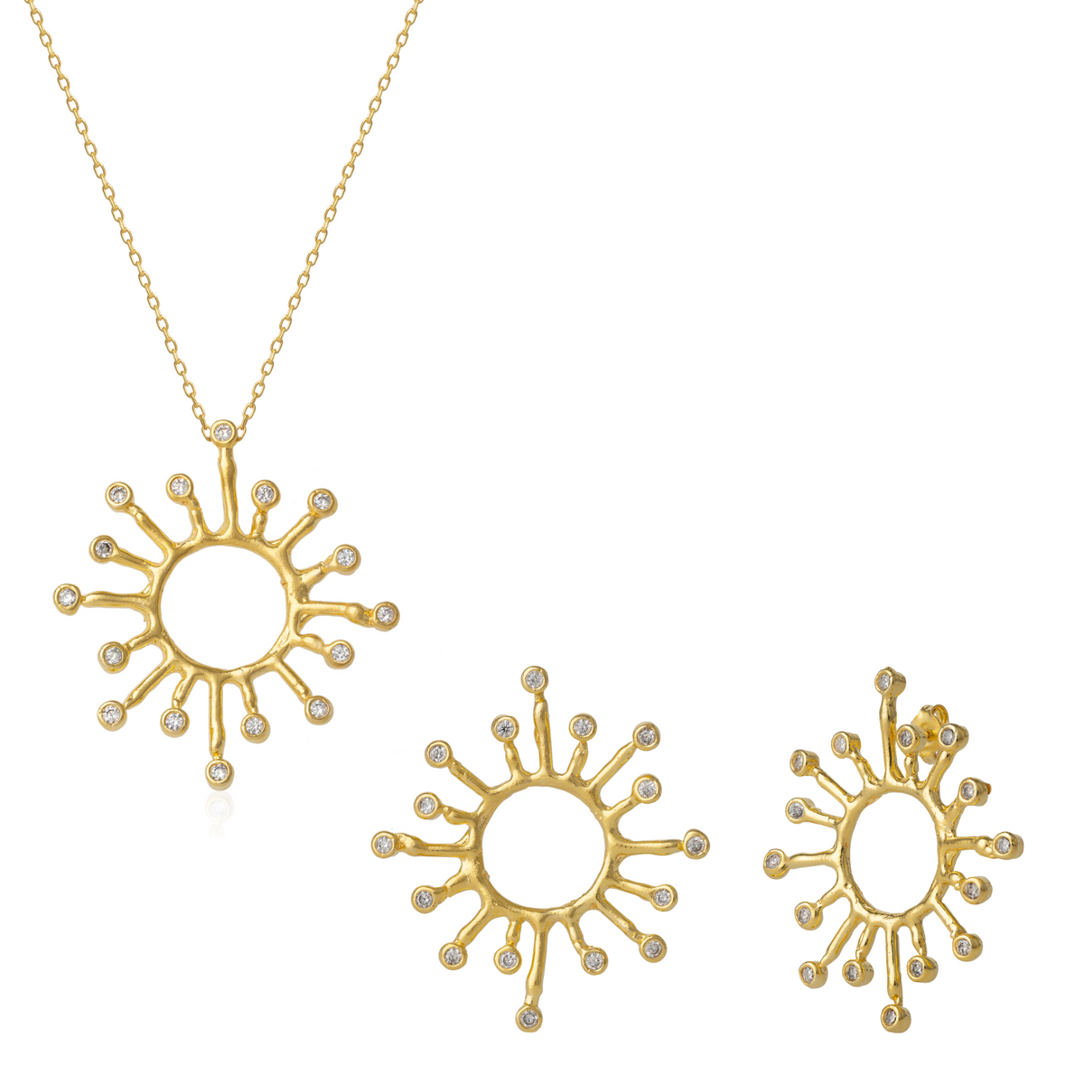 Sun Sunburst Large Textured Molten Sterling Silver Earring and Necklace Set