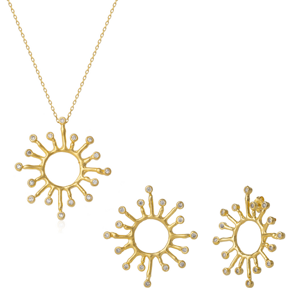 Sun Sunburst Large Textured Molten Sterling Earrings Necklace Set