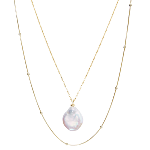 Baroque Flat Pearl Pendant Italian Beaded Sterling Stacking Necklace Set