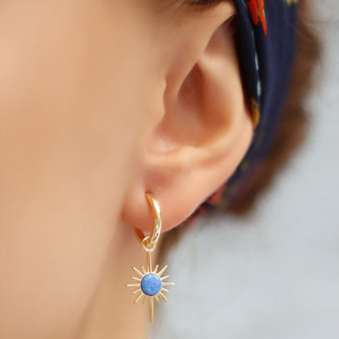 Blue Opal Northern Star Drop Hoop Earrings Sterling Silver