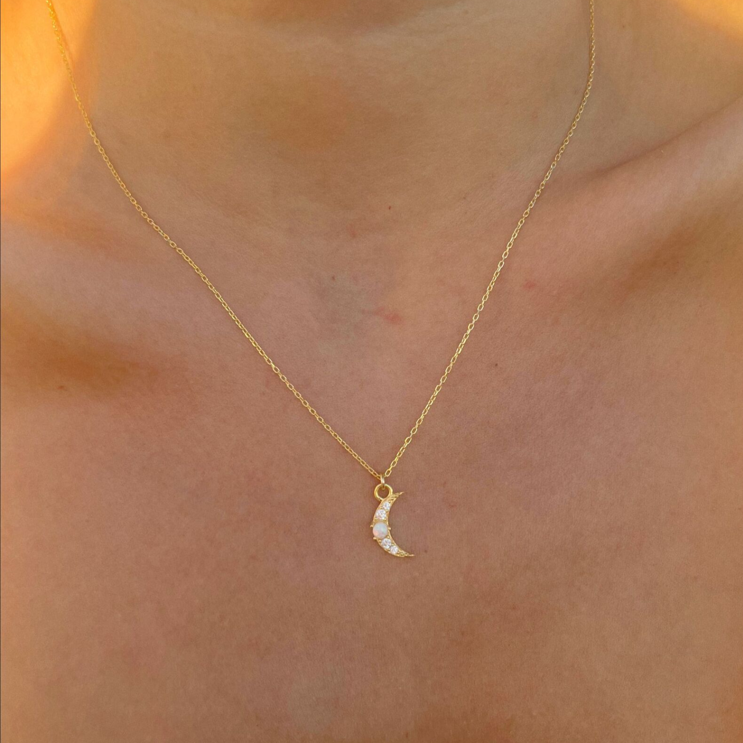 Crescent New Moon Opal Sterling Silver Necklace