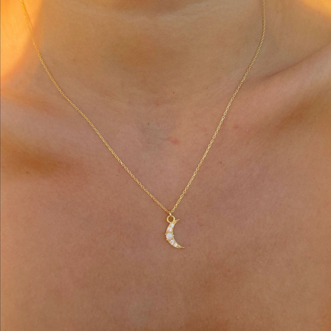 Crescent New Moon Opal Sterling Silver Necklace