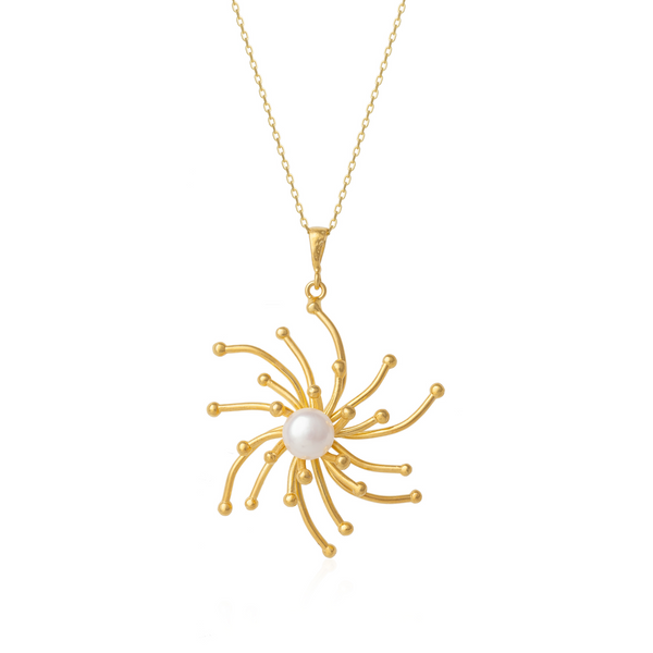 Pearl Sun Molten Dripping Sunburst Sterling Pendant Necklace