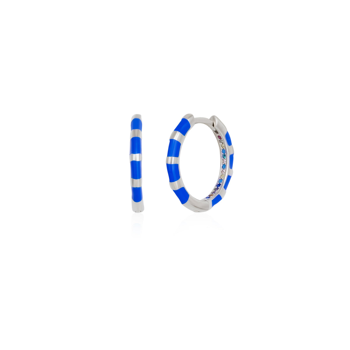 Enamel Blue Fine Stripe Sterling Silver Hoop Earrings With Multi Color Zirconia Interior
