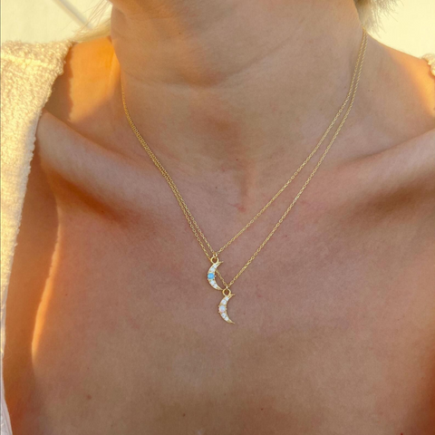 Crescent New Moon Opal Sterling Silver Necklace