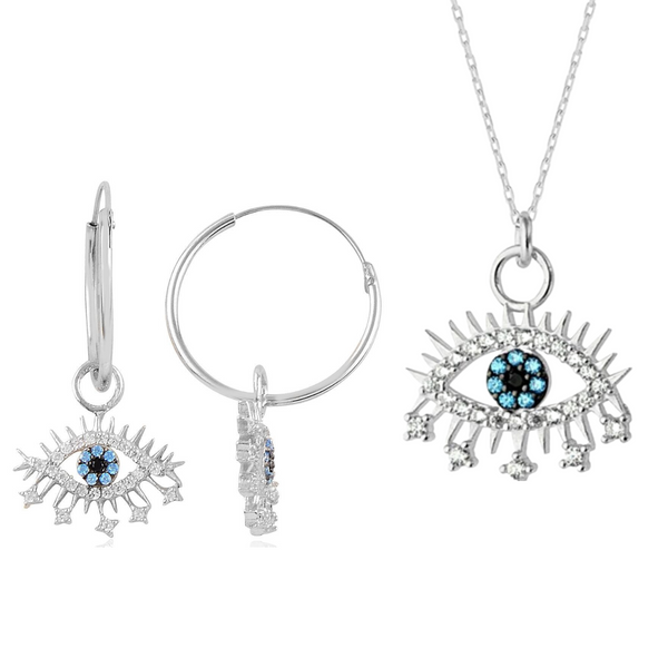 Evil Eye Earring Eye Sterling Silver Pendant Eyelash Necklace Earring Set