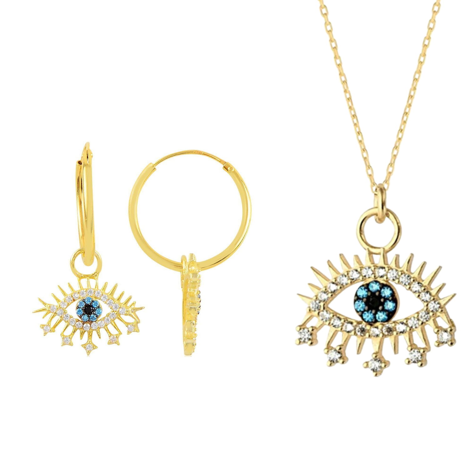 Evil Eye Earring Blue Eye Sterling Silver Pendant Eyelash Necklace and Earring Set