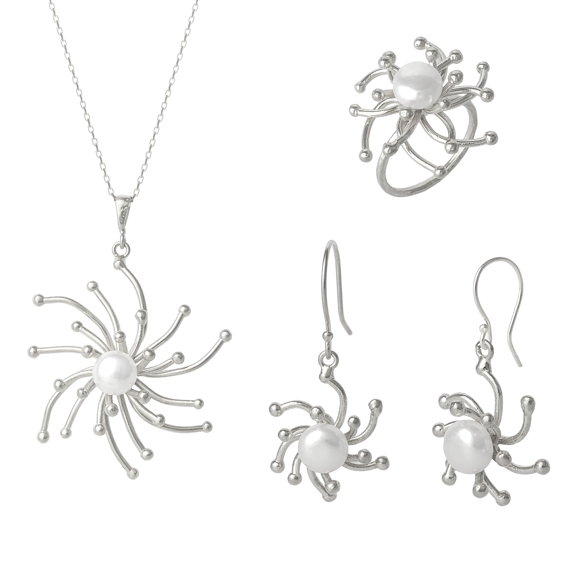 Pearl Sun Molten Dripping Sunburst Sterling Silver Complete Set Ring Necklace and Earrings