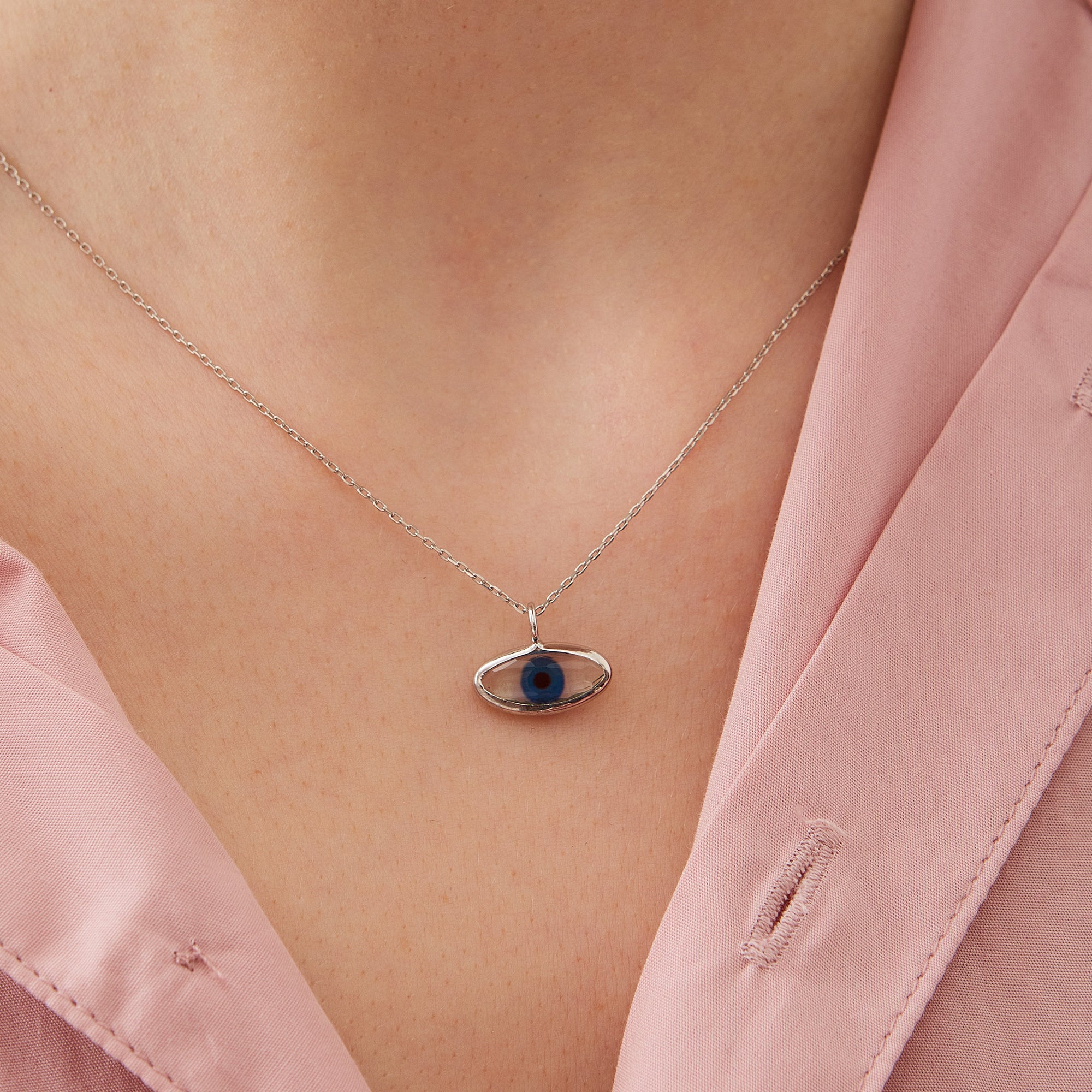 Transparent Glass Evil Eye Sterling Silver Necklace