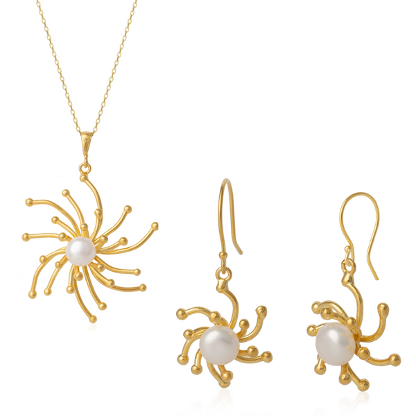 Pearl Sun Molten Dripping Sunburst Sterling Pendant Necklace Drop Earrings Set