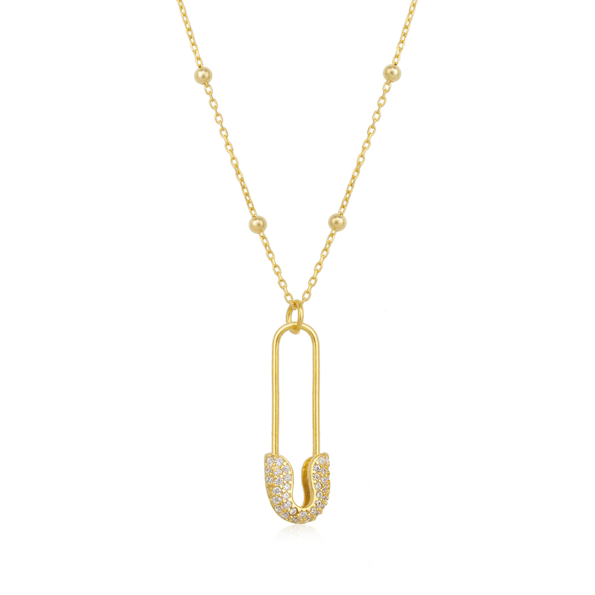 Sterling Silver Jewelled Safety Pin Necklace With Beaded Chain