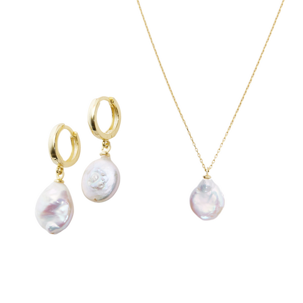 Baroque Flat Pearl Pendant Necklace Earrings Sterling Set